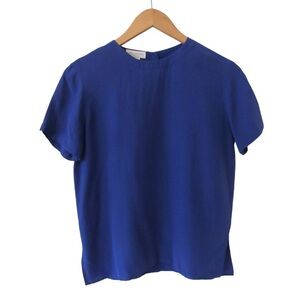 Jones New York Blue Silk Blouse 2 Petite Short Sleeve Button Back Classic Career